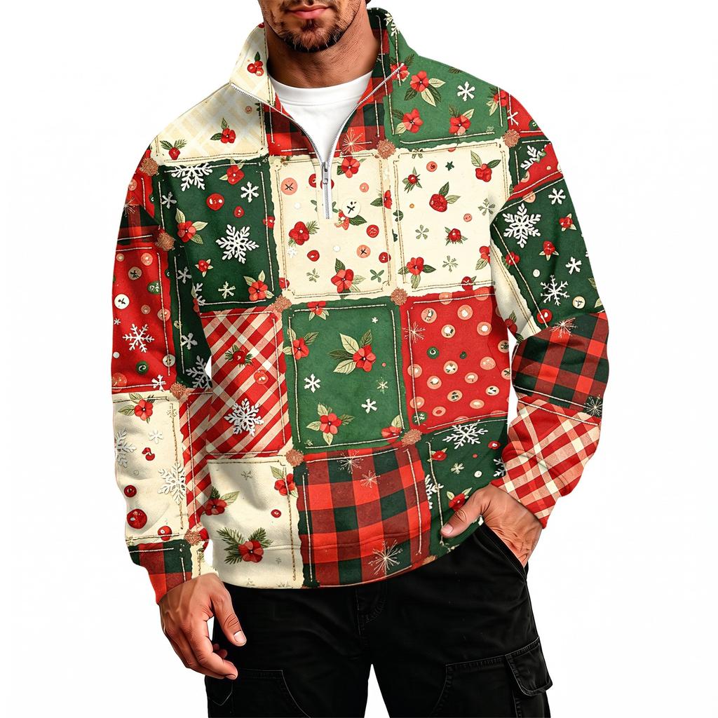 Herren Freizeit-Sweatshirt mit Viertelreißverschluss und Stehkragen mit Weihnachtsdruck für die Feiertage