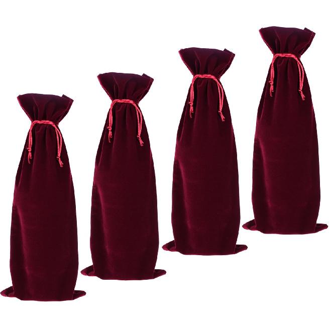 BCP 4-pieces 14"x 5.5" Luxury Flannelette Red Wine Bottle Gift Bags with Double Drawstring Closure for Wedding Party