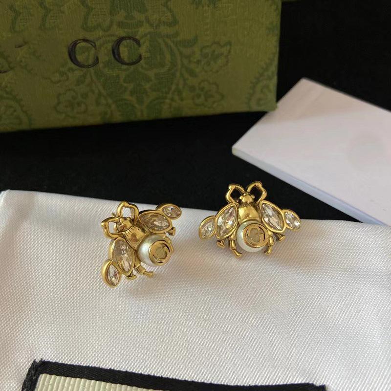 Gu Jia Retro Classic Little Bee Double G Pearl & Diamond Earrings for Women