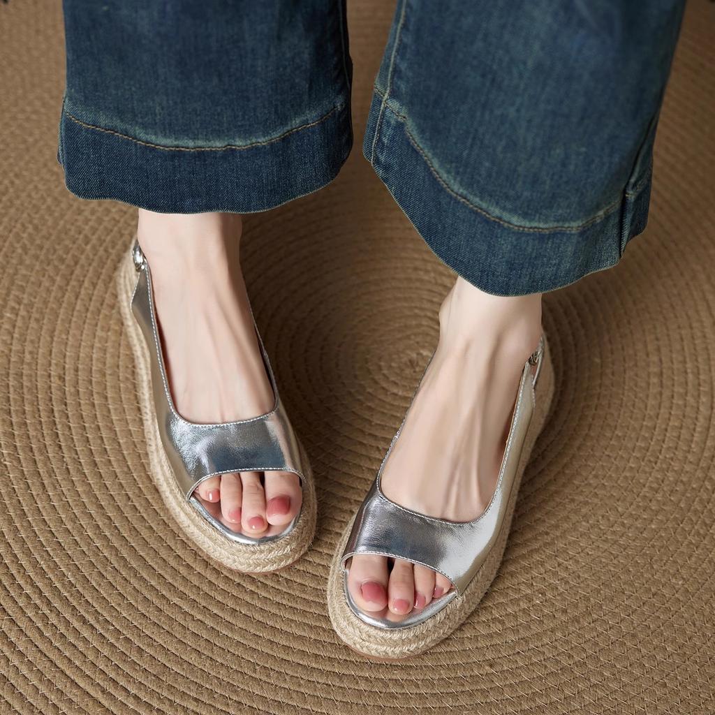 Fashion Women's Round Toe Woven Fish Mouth Slip-On Sandals Summer Outdoor Wear Heightening Platform Sandals Sandalias De Mujer Silver