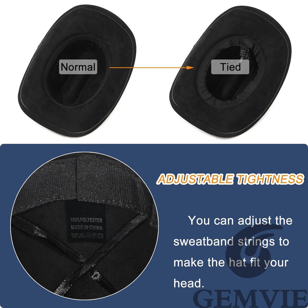 GEMVIE Western Hat with Belt Wide Slimming Ten Gallon Western Actress Hat Black Men's Accessory, Brim, Cowboy/Cowgirl Style, Unisex, Face, Hat, Hat,