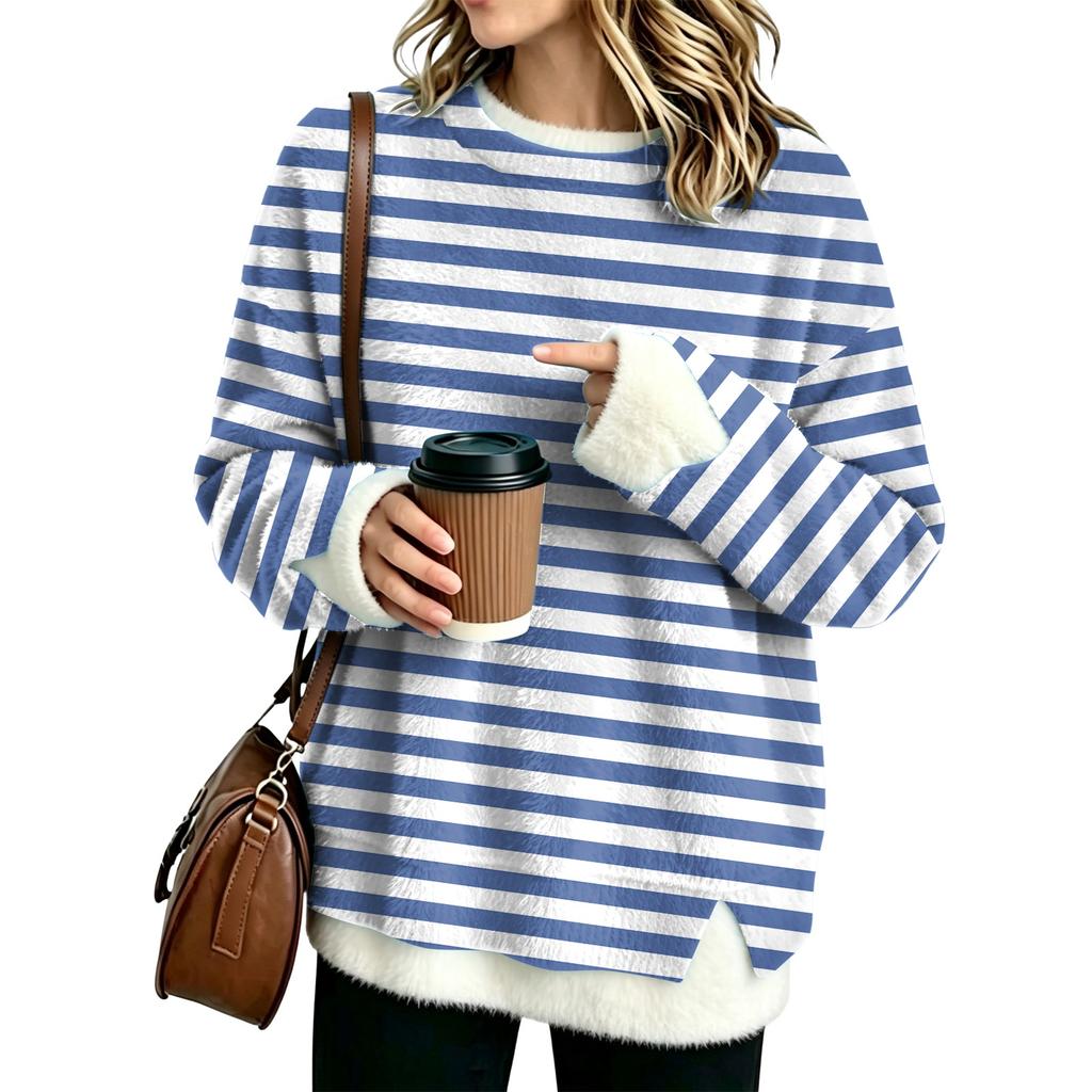 Women's Fashion Flannel Round Neck Two-Piece Striped Print Top with Spliced Design