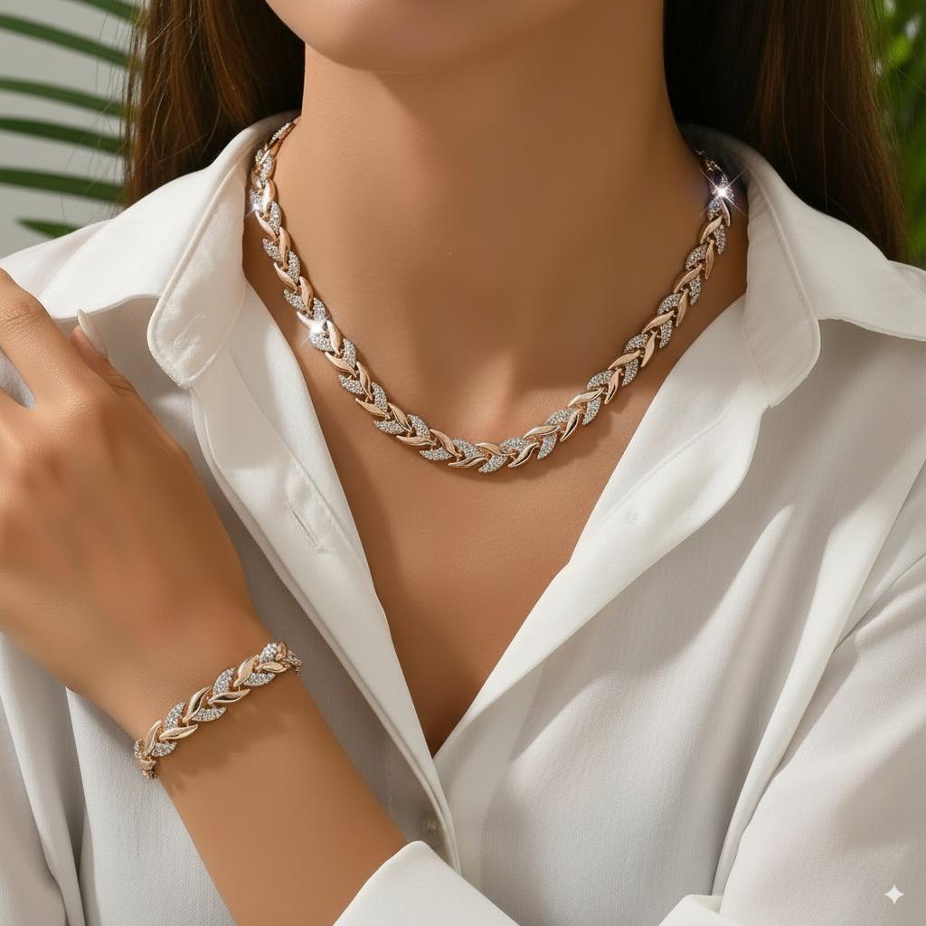 2 ks/Sada Elegantní Sada Šperků s Kamínky ve Tvaru Rybího Ocasu Lesklý Náhrdelník s Pšeničným Řetízkem a odpovídající Náramek pro Ženy Luxusní Doplňky pro Svatbu a Večírek