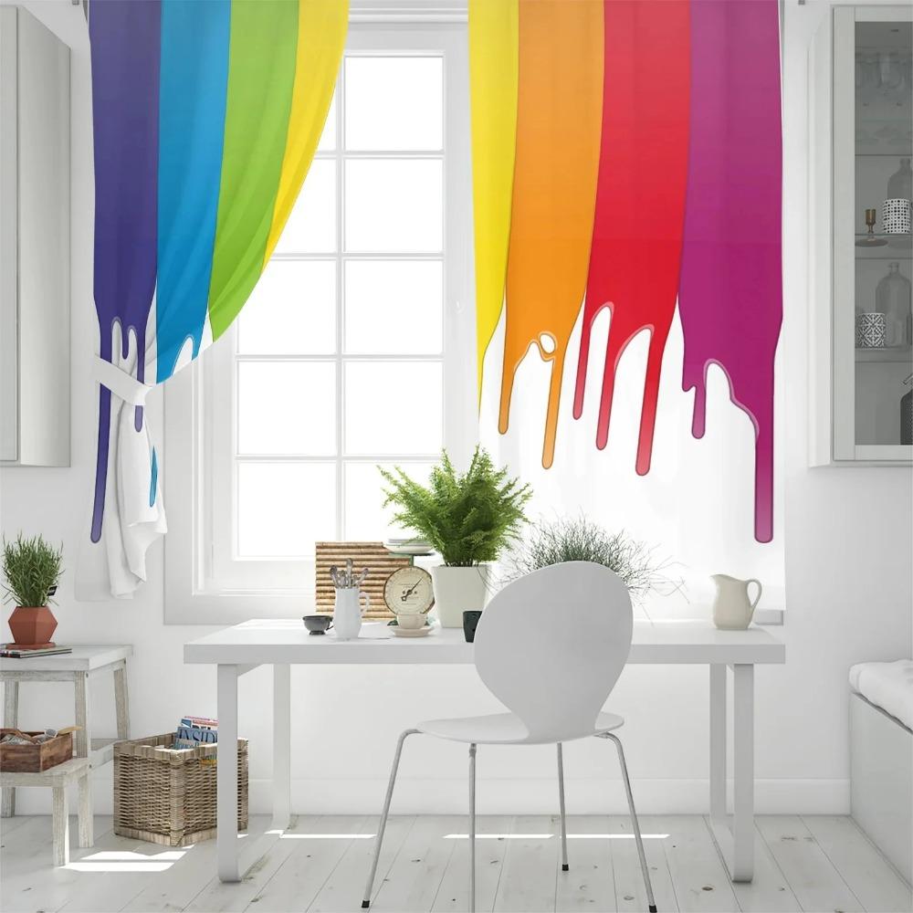Color Rainbow Red Yellow Blue Paint Window Screen Printed Design Office Indoor Window Curtains Kitchen Curtain Home Cortinas