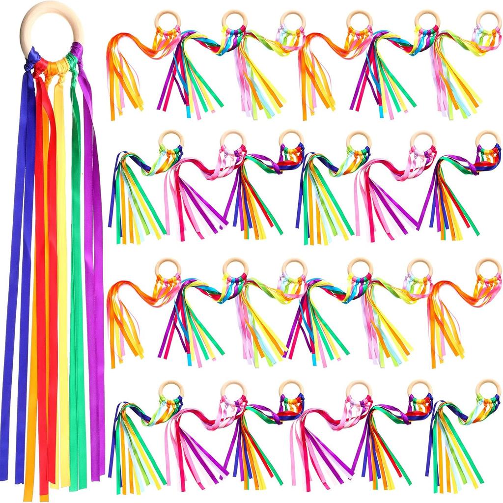 Junkin 24 Pcs Rainbow Hand Kite Waldorf Toys Creative Dancing Ribbon Streamer with Wood Ring Wrist Sensory Toys Learning Educational Toy for Playroom