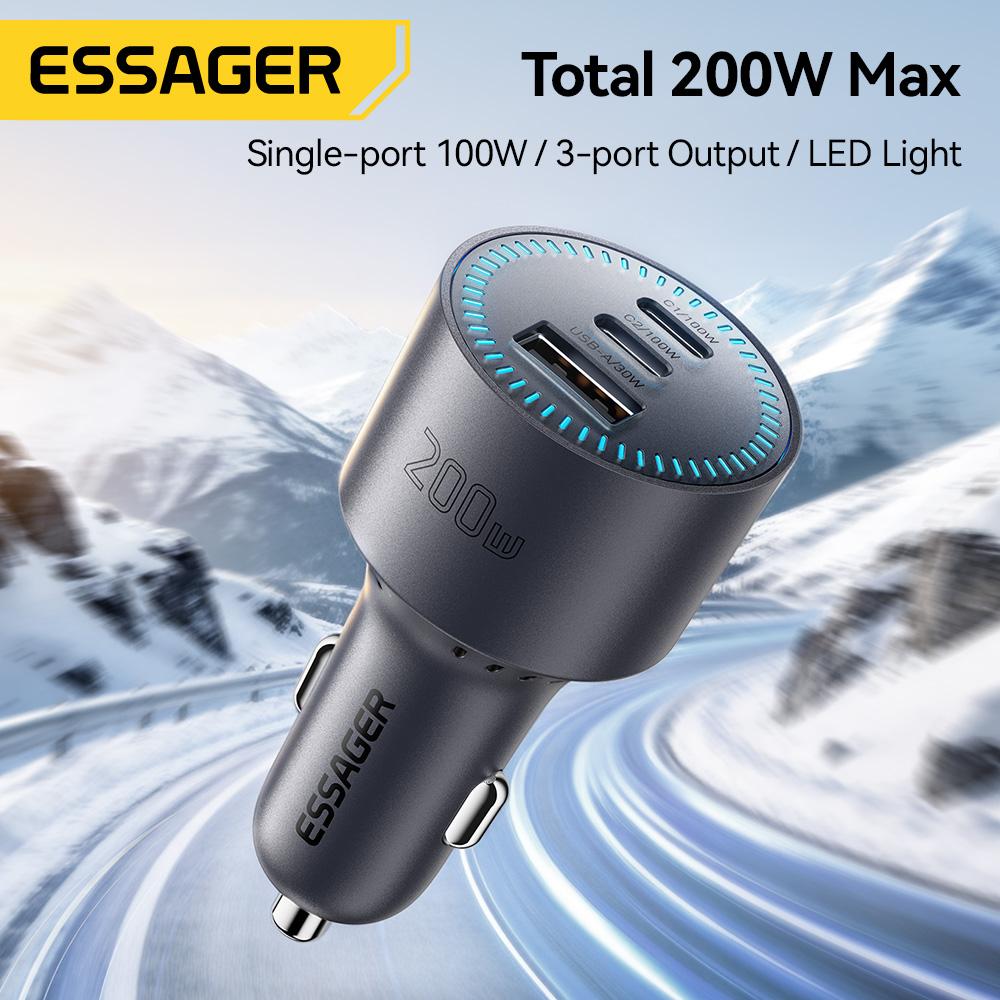 Essager 200W Car Charger with Quick Charge 4.0 PPS PD 100W USB-C Fast Charging Port for MacBook iPhone 17 16 Samsung S25