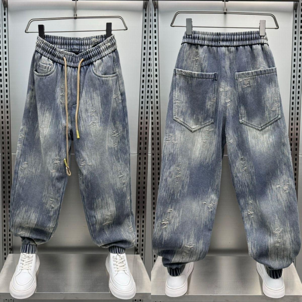 JYL Мужские джинсы Весна Новые Выбеленные Голубые Корейский Пэчворк Зауженные Брюки-шаровары Модные Джинсовые брюки M