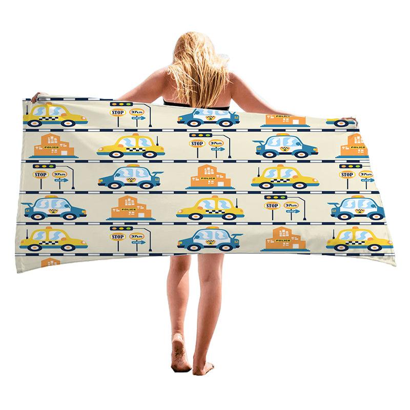 Cartoon Car Design Digital-printed Polyester Superfine Fiber Double-sided Fleece Beach Vacation Bath Towel, Beach Towel