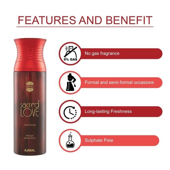 Ajmal Raindrops, Sacred Love & Wisal Deodorant Spray - For Women (200 Ml, Pack of 3), Citrus, Floral, Fresh, Fruity, Oriental, Sweet