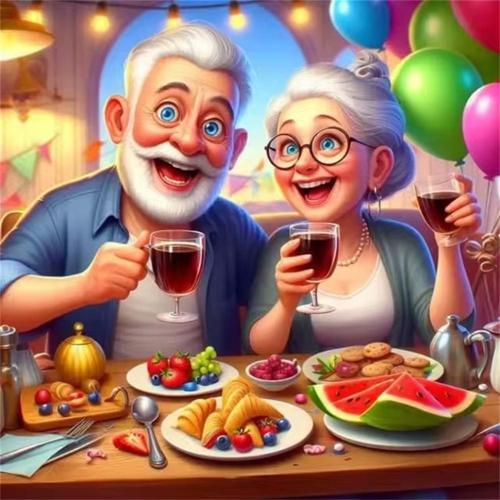Cartoon Happy Old Couple 5D Full Round Diamond Painting Kits, Cute Grandma and Grandpa DIY Drills Mosaic Embroidery Cross-stitch