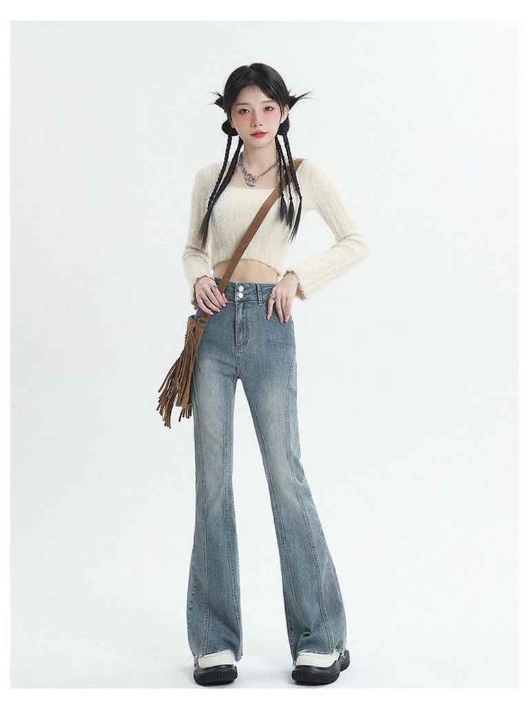 Women's High Waist Vintage Micro-Flare Jeans - Elastic, Raw Hem, Double Button, Retro Bell Bottom.