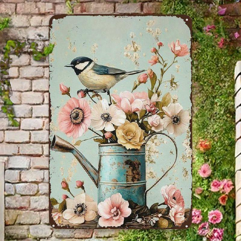 Vintage Flowers Bird Metal Wall Art Sign Rustic Iron Plaque with Watering Can and Chickadee Design MultiUse Decor for Home