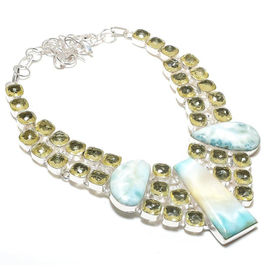 

Natural Larimar, Citrine Gemstone 925 Sterling Silver Jewelry Necklace 18 j5N84