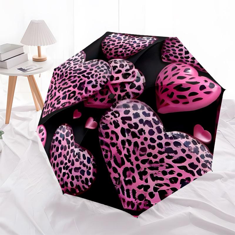 1pc Pink Leopard Heart Automatic Opening and Closing Folding Umbrella with 8 Iron Ribs - Portable, Foldable for Travel Yy251124111