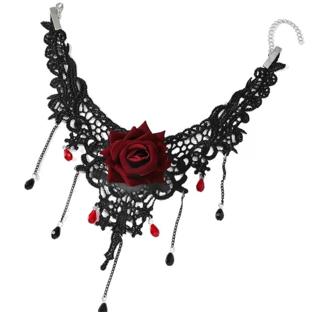 Dark Retro Red Rose Lace Necklace, Light Luxury Clavicle Chain for Halloween Party