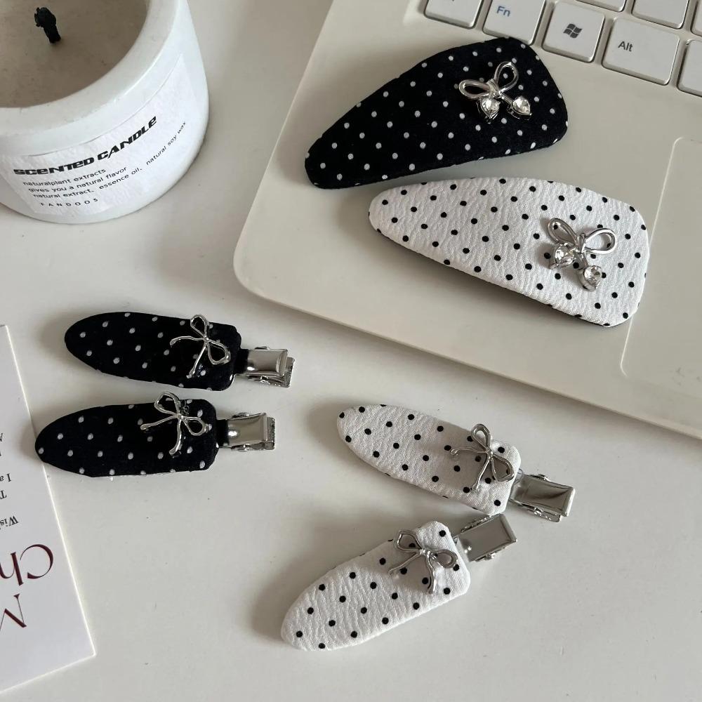 Korean Bow, Simple Versatile Design Hairpin Bb Clip 2pcs Black White Polka Dot Bow Hairpin High-end Temperament