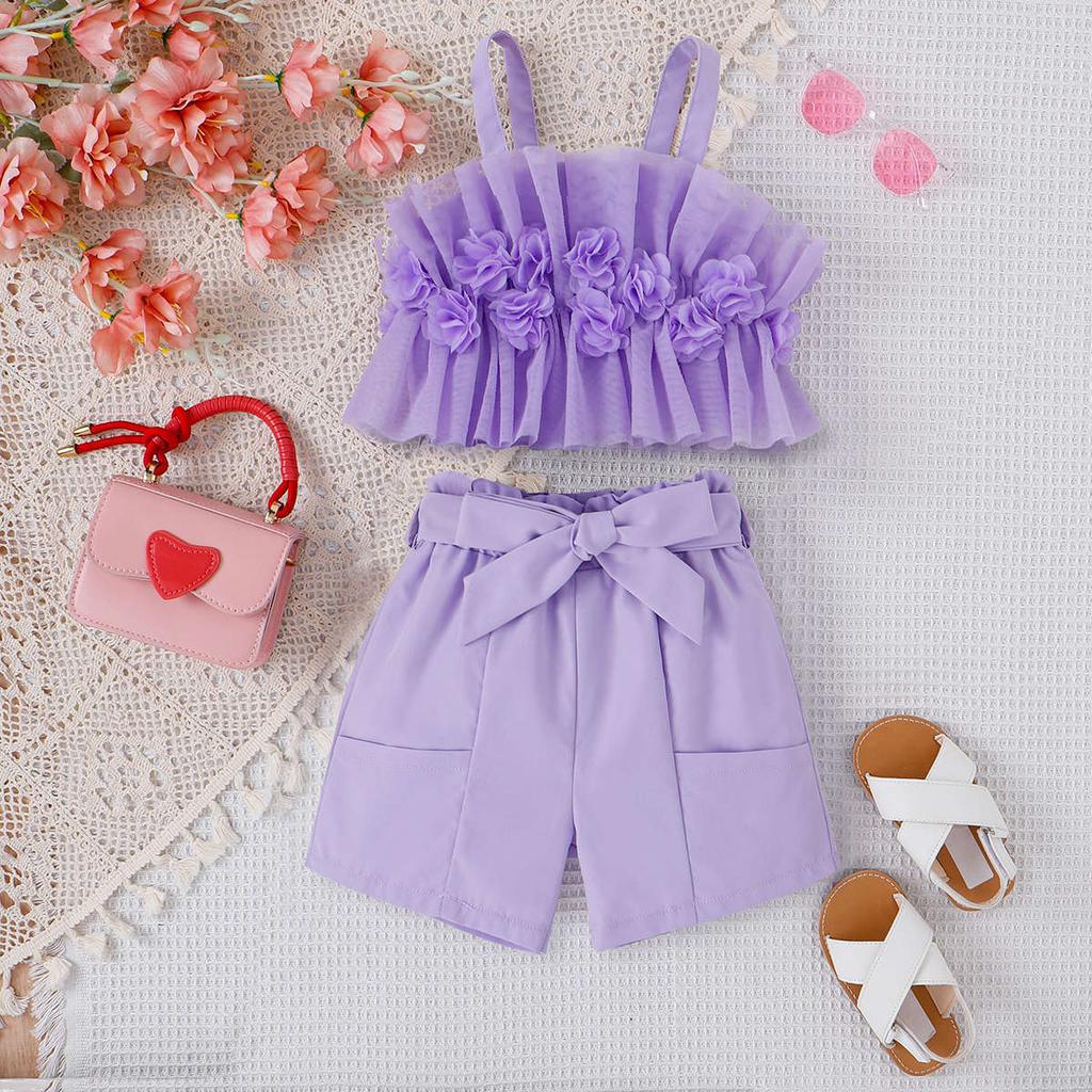 Girls Elegant Set Spring Summer Children Flower Halter Top Shorts Fashion Set