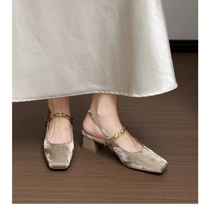 Fashion New Style French Square-toed Woven High-heeled Sandals Summer Fashionable Leather Fabric Mid-heel Women's Shoes Zapatos Mujer