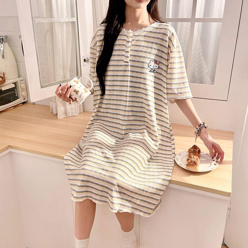 Women's Striped Short-Sleeve Loose Midi Dress – Fresh Summer Style, Versatile for Outdoors or as Pajamas, Ideal for Students