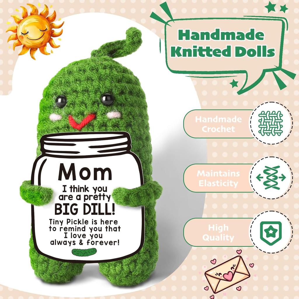 Funny Crochet Positive Pickle Plush Dolls with Card Mothers Day Gift for Mom from Daughter or Son Handmade Knitted Pickle Doll
