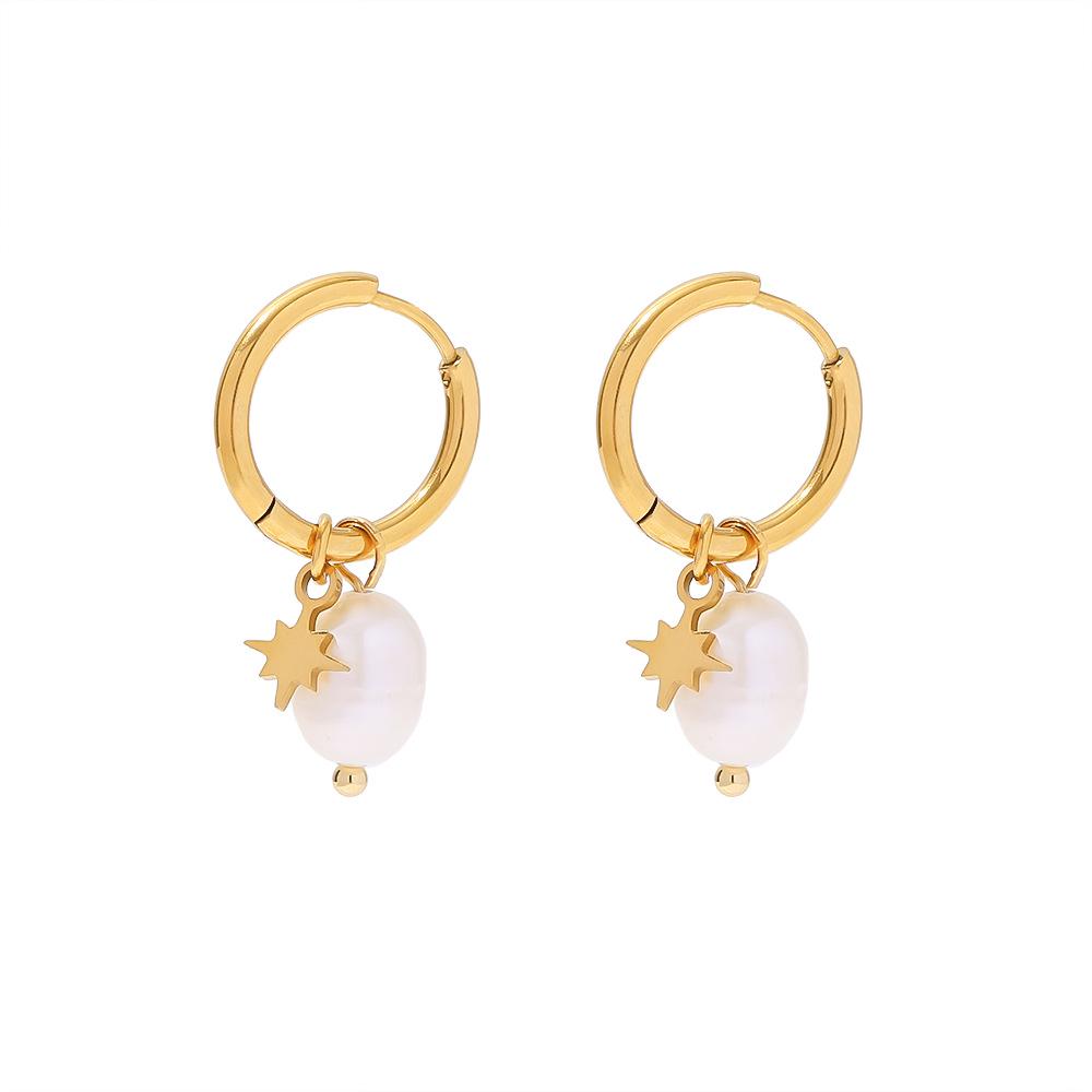 18k Natural Freshwater Pearl Star Pendant Hoop Earrings - Women's Fashion, Versatile, Gold-Plated Stainless Steel.
