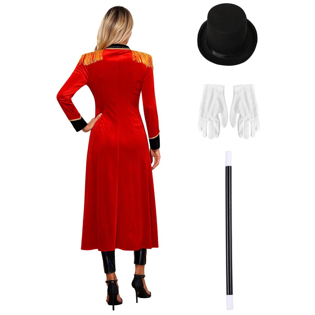 Costume da Domatore di Circo da Donna con Spallina a Frange Giacca Lunga di Velluto con Code e Cappello Bacchetta Guanti per Halloween Spettacolo di Magia