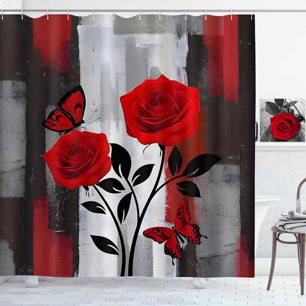 Red Rose Shower Curtain Botanical Floral Romantic Flower Valentine Girls Bathroom Curtain Decor Waterproof Fabric Include Hooks