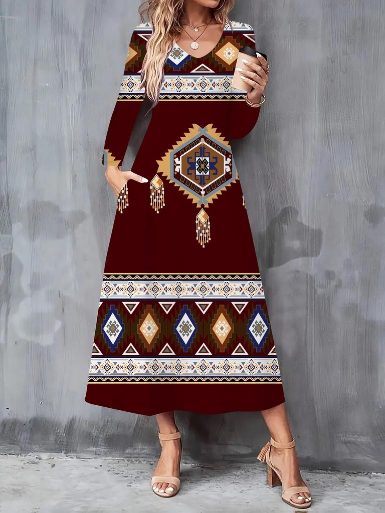 2025 Autumn and Winter New Women Casual Fashion Dress 3D Retro Pattern Print  Long Sleeve V-Neck A-Line Dresses