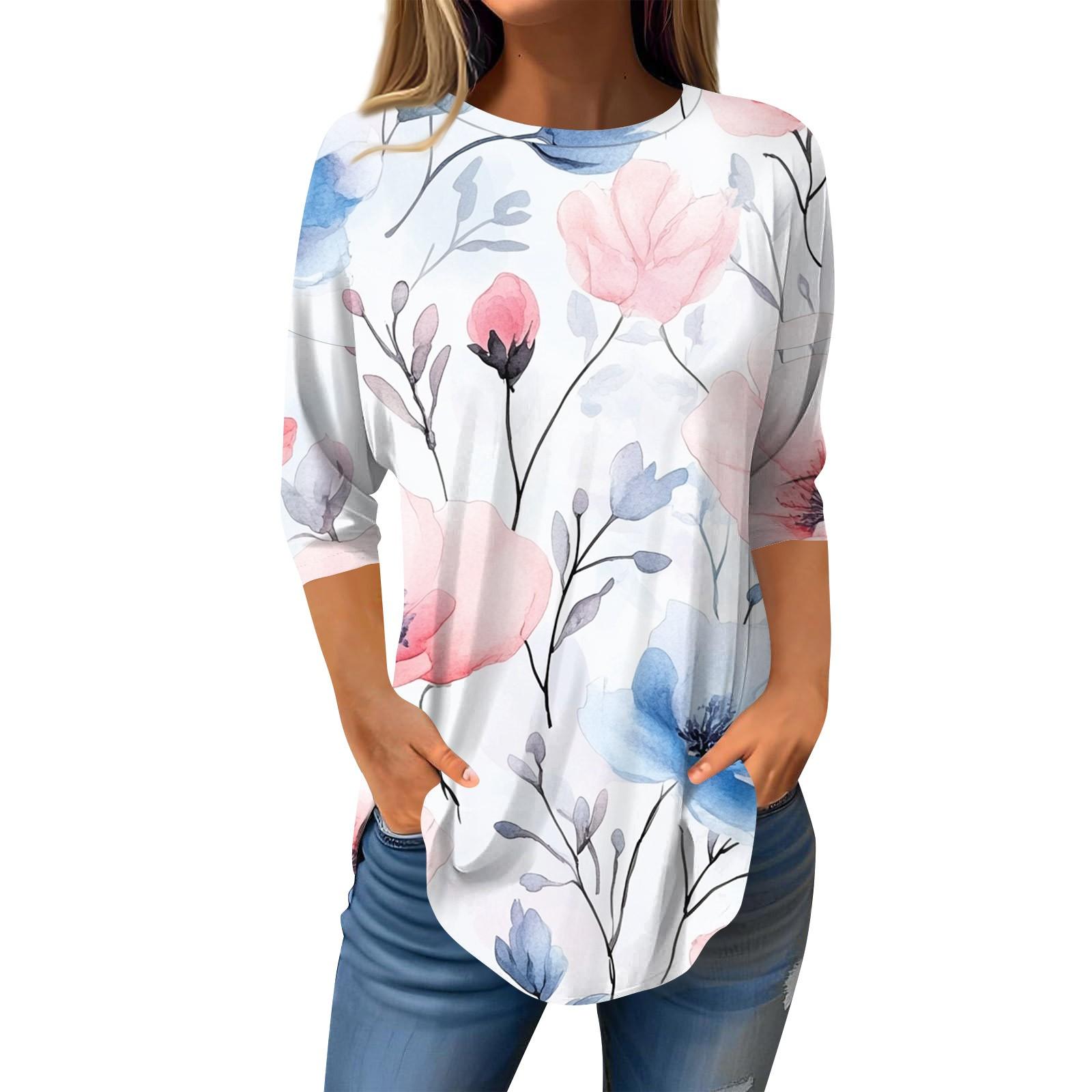 

Рубашки с рукавом 3/4 для женщин, милые топы, футболки с рисунком, блузки, повседневные базовые топы больших размеров, пуловеры XL белый