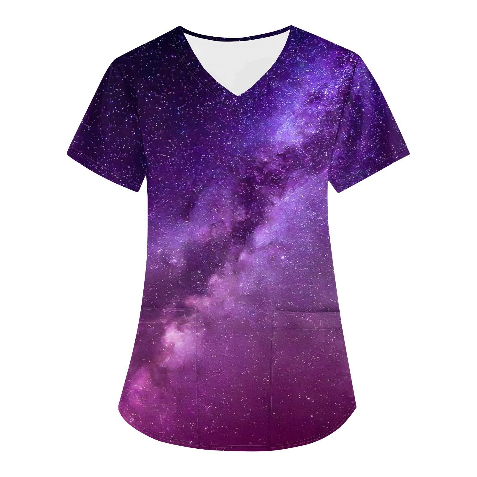 

Жіноча модна робоча футболка з коротким рукавом і V-подібним вирізом з принтом Astral і маленькою кишенею M фіолетовий