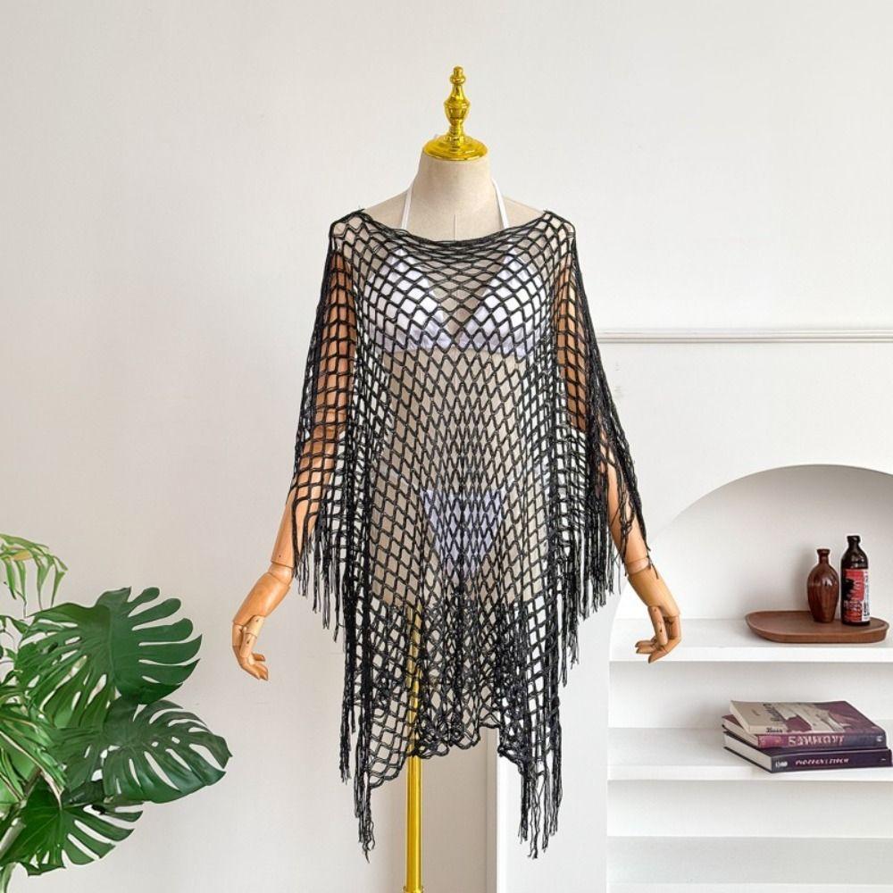 Châle Bohème Coupe Ample Pompons Tricoté Ajouré Simple Protection Solaire Cover-up Vacances