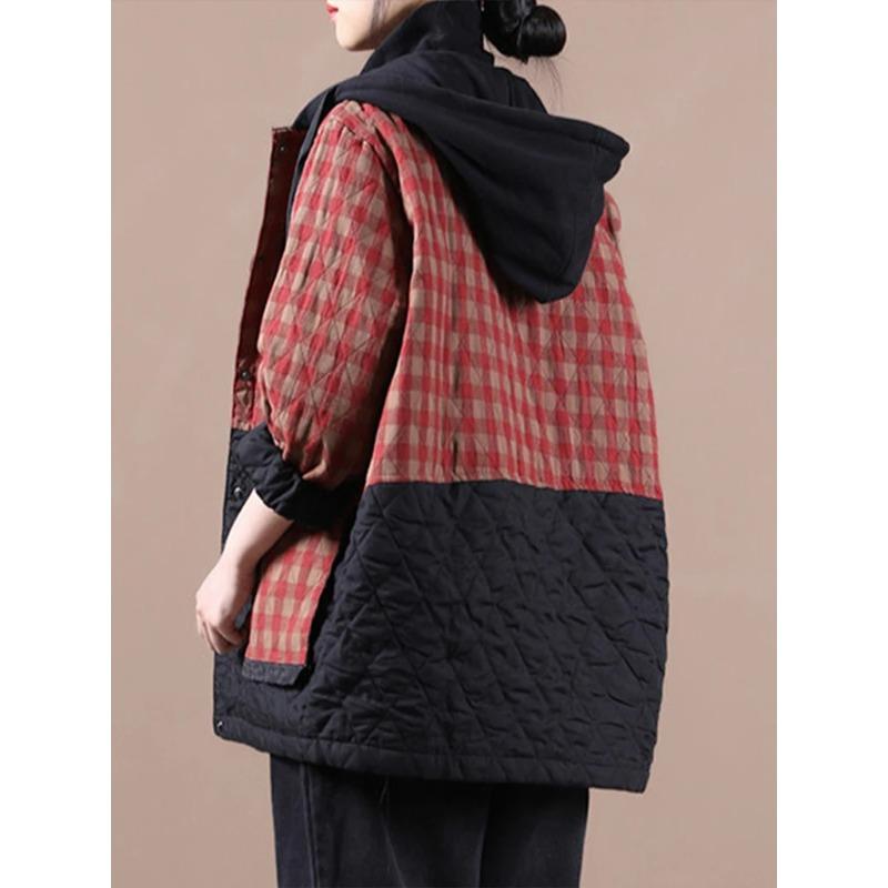 2024 Winter Fashion Padded Coats Chinese Womens Loose Hooded Warm Plaid Jackets Ladies Casual Vintage Luxury Outerwear