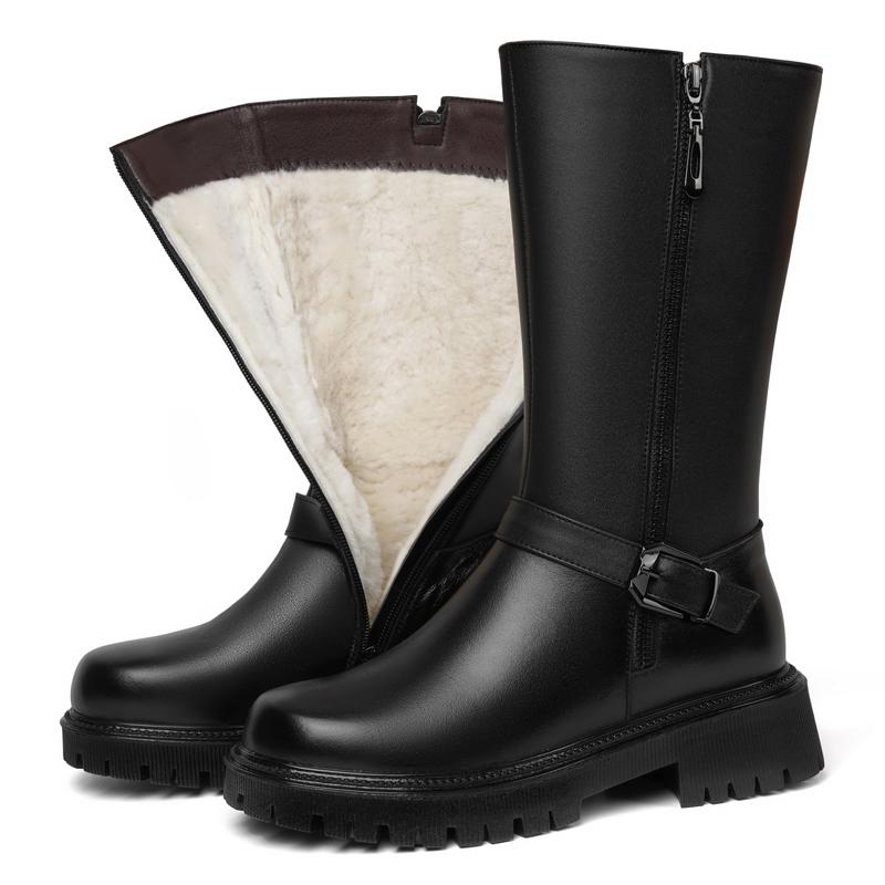 Snow Boots Women Winter Shoes Flat Women Ankle Boots Genuine Leather Non-slip Large Size Natural Wool Women Long Boots