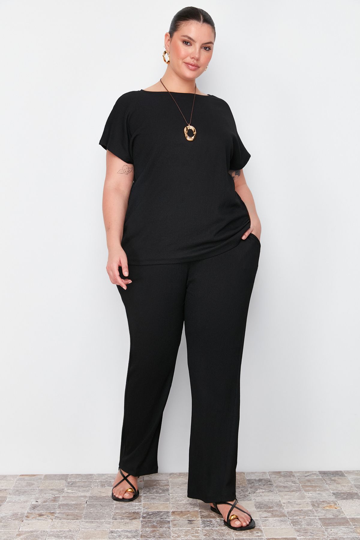 

Women s Fashion Black T-shirt-Pants Knitted Seasonal Bottom-Top Set 3XL