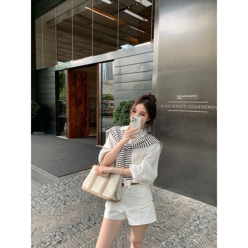 Old Qian Style Wear Suit Women's Long Sleeve Polo Collar White Shirt Autumn High Waist Wide Leg Shorts Temperament Twinset