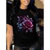 European Sizes Women'S Black and Burgundy Rose Print T-Shirt | All Pink and Purple Rose Design, Short Sleeve, Round Neck, Casual Summer Shirt