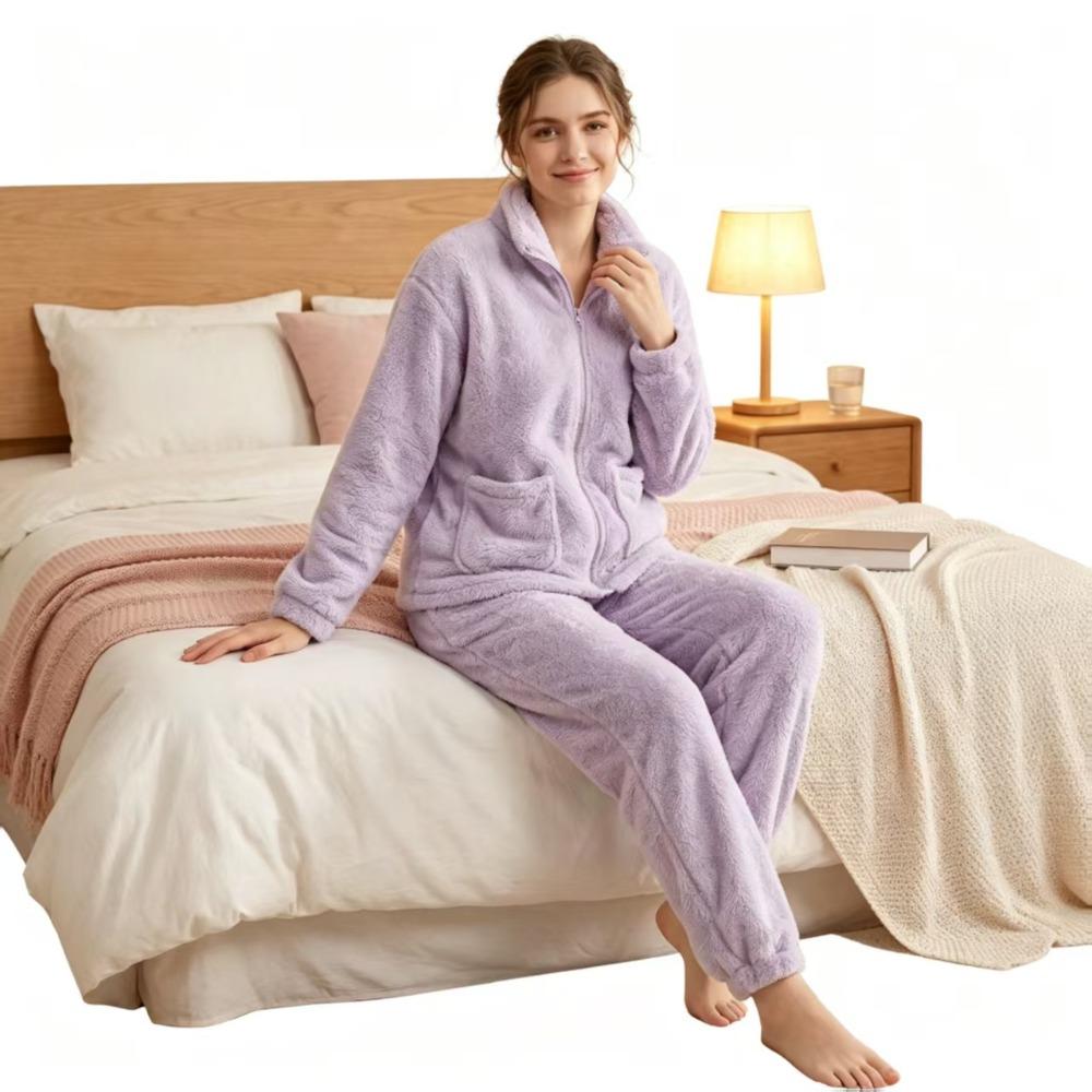 **Kadın Flanel Pijama Takımı Yuvarlak Yaka Jakarlı Uzun Peluş Kalın Sıcak Ev Giyimi**