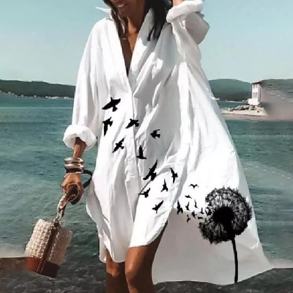Fashion Women Floral Print Long Sleeves Buttons Cardigan Loose Shirt Dress