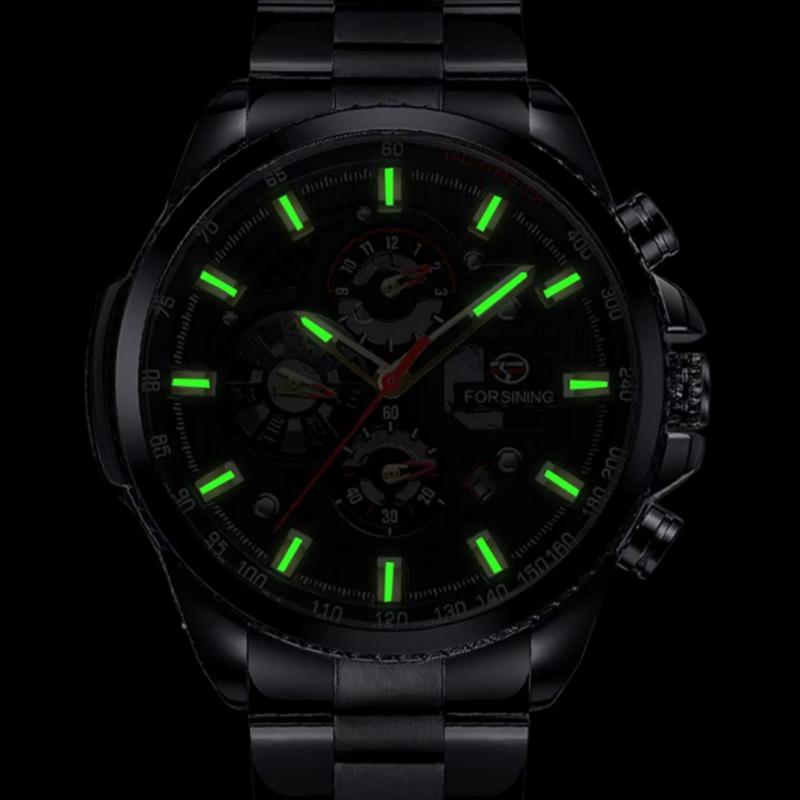 Forsining Drei Zifferblatt Kalender Edelstahl Männer Mechanische Automatische Armbanduhren Top Luxus Military Sport Männliche Uhr