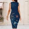 Women Plus Size Round Neck Sleeveless Firework Print Navy Blue Bodycon Midi Dress