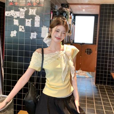 Sweet Spice Girl Shoulder Short Sleeve T-Shirt Women's Summer Design Sense Floral Splicing Slim Skinny Unique Beautiful Top