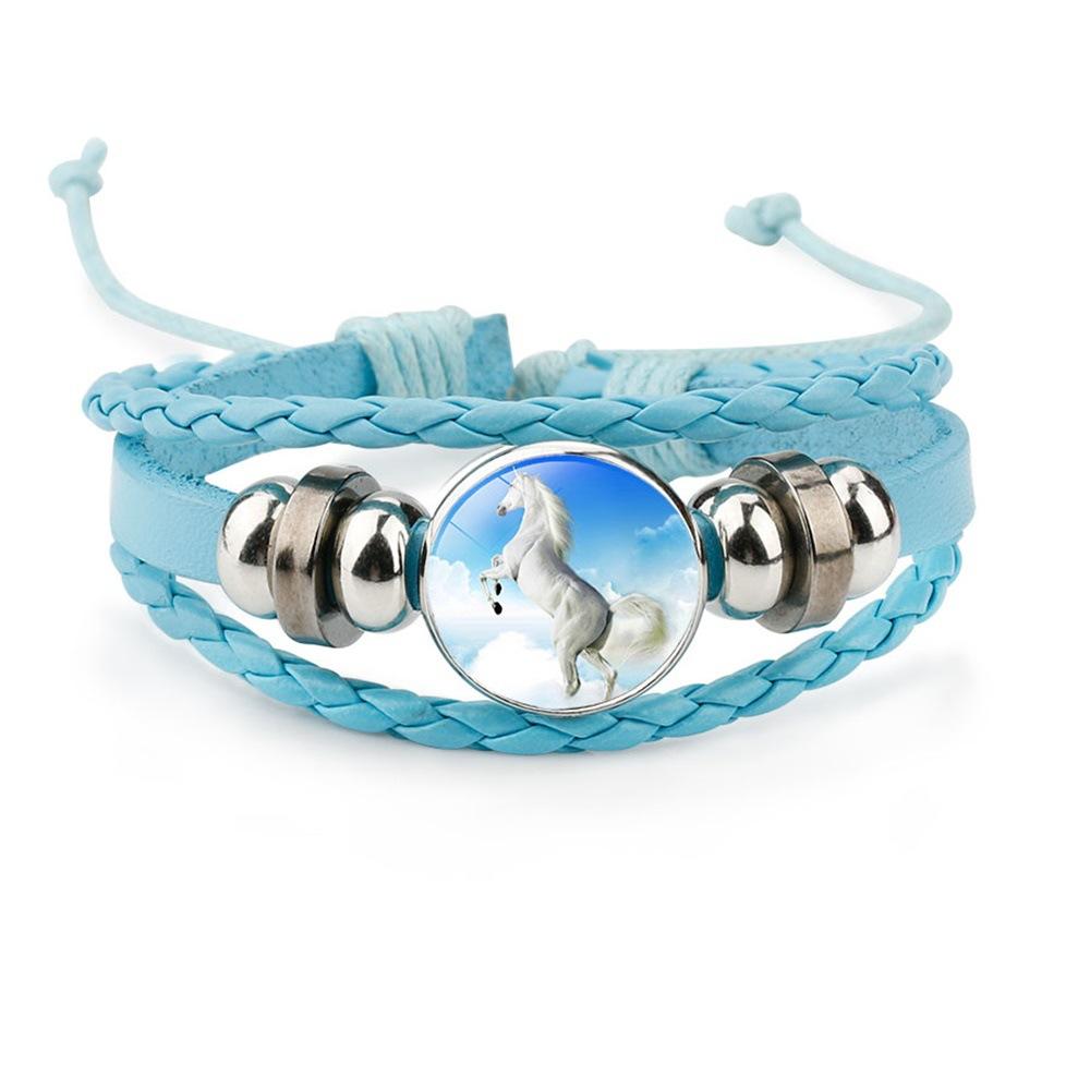 Bracciale in Pelle Intrecciata Multistrato con Motivo Animale Cavallo e Cabochon in Vetro Resina Gioielleria