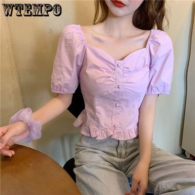 Brand Summer Sweet Design Niche French Vintage Square Collar Short Bubble Sleeve Shirt Revealing Collarbone Slim and Thin Tops