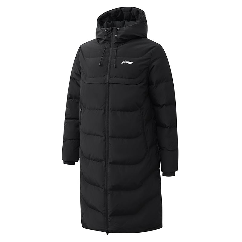 

Li Ning Fitness Series ветрозащитная теплая свободная однотонная толстая длинная куртка с капюшоном унисекс верхняя одежда черного цвета YYMU151-1 S