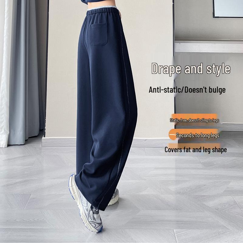 Women's Autumn 2025 Dark Blue High-Waisted Floor-Length Wide-Leg Trousers: Slimming Drape Style, Casual Fit (Model 23276)
