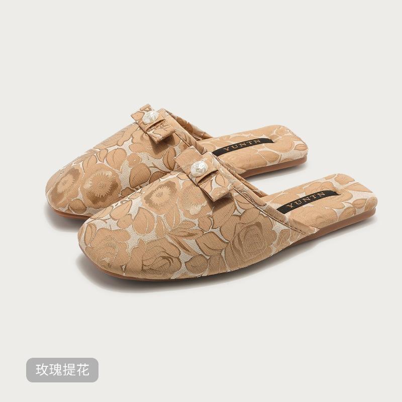 Fashion Fashion String Bead Bow Decoration Slippers Women Elegant Round Toe Rose Totem Designer Shoes Comfort Lightweight Home Slippers
