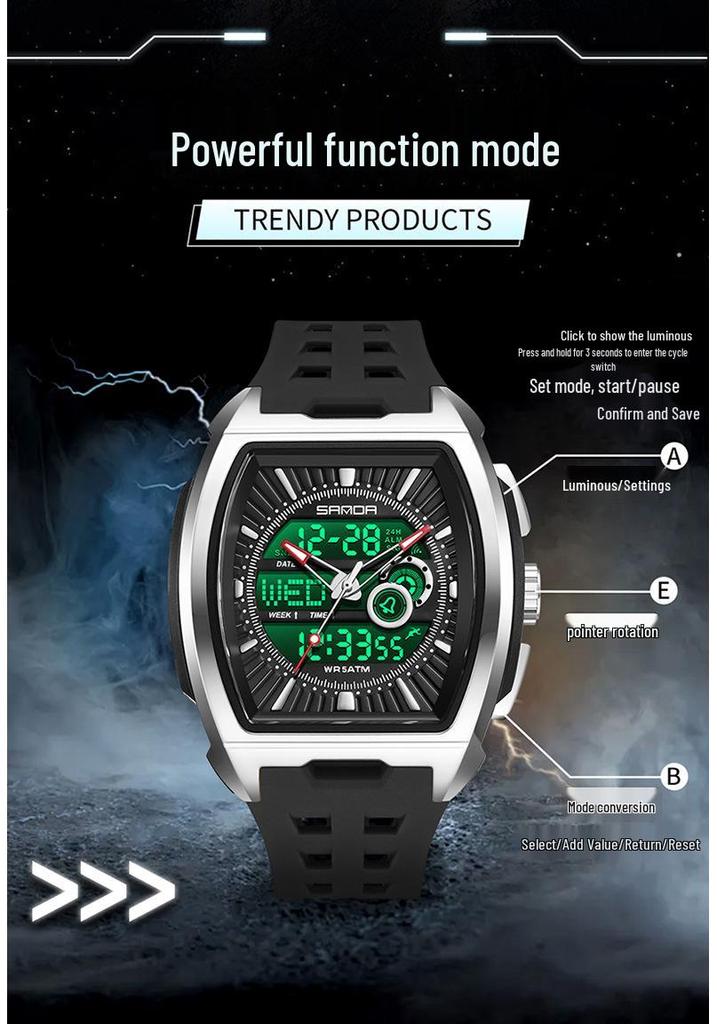 Sanda Teen Countdown Multifunktionale Wasserdichte Fassförmige Armbanduhr mit Wecker & Leuchtendem Zifferblatt