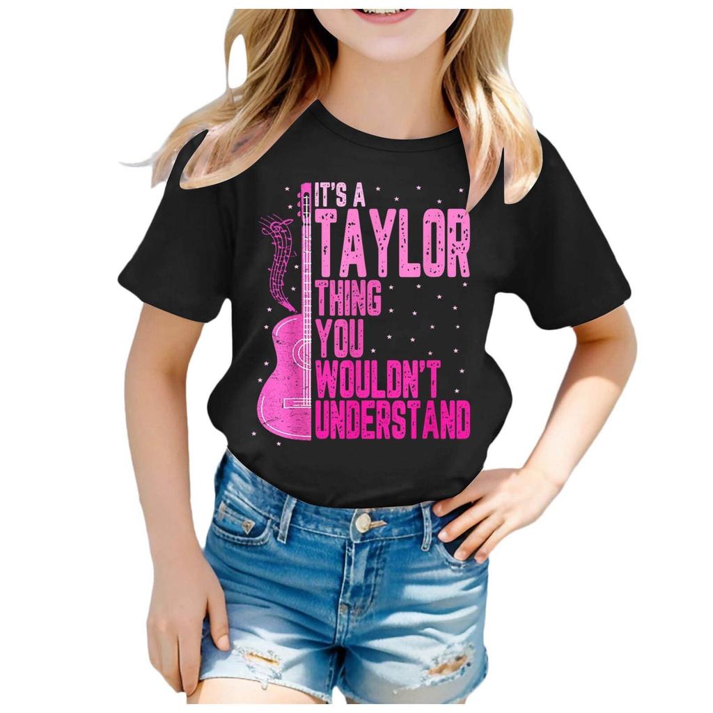 Summer Round Neck 3D Guitar Printed Top Fashionable Casual Short Sleeved Children's Girl T-shirts