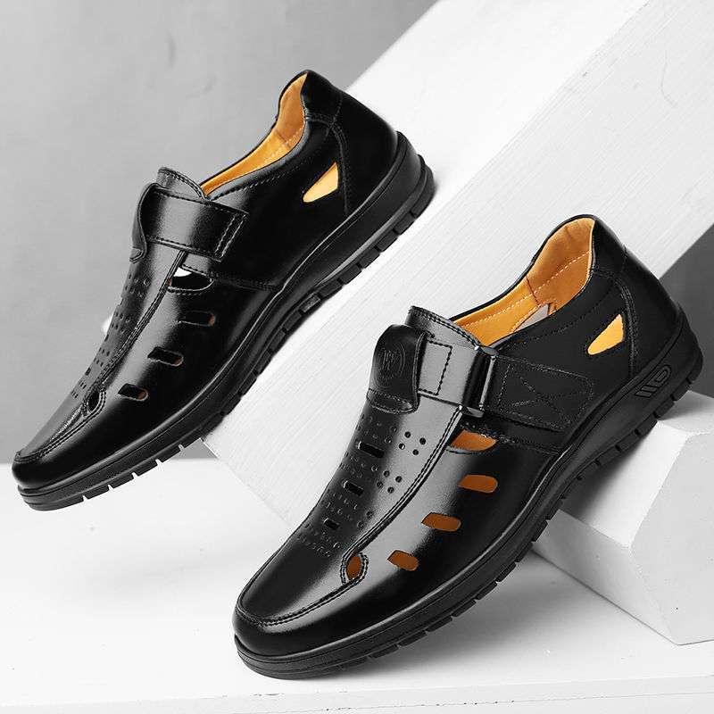 Special Leather Shoes Summer Hollow Leather Sandals Men's Breathable Soft Sole Soft Surface Hole Shoes Middle-aged and Elderly Business Dad Shoe Cou