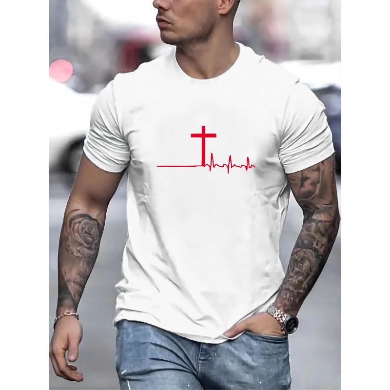 Europäische Größen Herren Sommer Mode Lässiges Kurzarm T-Shirt mit Kreuz Print Tee, Normale Passform mit Leichter Dehnung, Atmungsaktives Oberteil für Herren